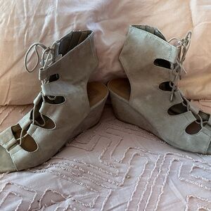 DV by Dolce Vita Taupe Lace-Up Suede Wedge Sandals